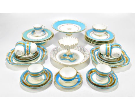 MINTON, a late 19th century blue and white and gilt part tea service, comprising two sandwich plates, six side plates, six sa