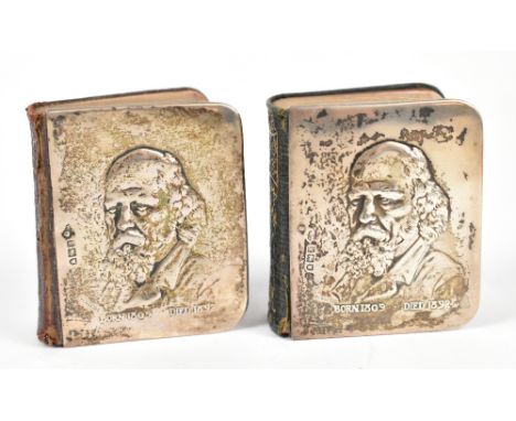 WILLIAM COMYNS; a near pair of silver mounted miniature books, 'Poetical Works of Alfred Lord Tennyson', each cover decorated