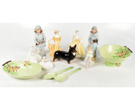 COALPORT; three assorted figures comprising 'Emily', 'June' and 'Emma Louise', also a Royal Doulton figure HN2995 'Julie', a 