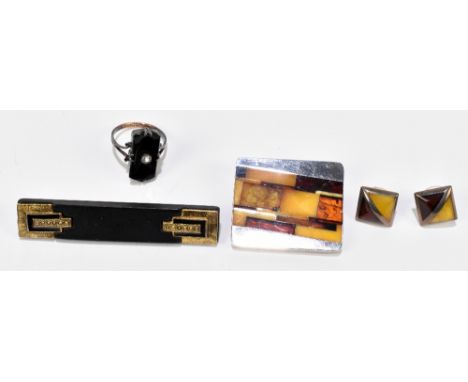 A 9ct yellow gold and silver Art Deco inspired black onyx set ring, size M 1/2, approx 2.8g, a rectangular brooch with matchi