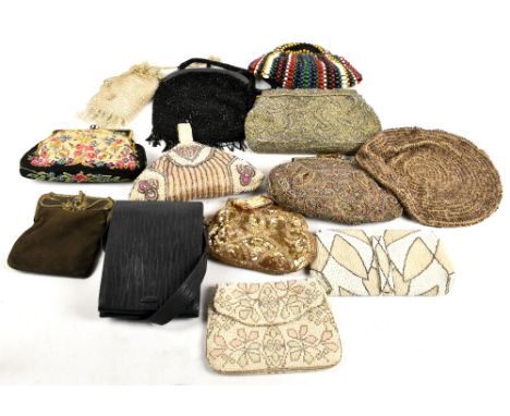 Twelve late 19th/early 20th century mainly beaded evening bags and purses, and a hand crocheted and glass beaded beret.&nbsp;