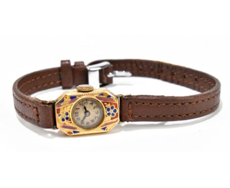 A lady's vintage 18ct yellow gold and enamel decorated wristwatch on leather bracelet (af)Additional InformationThe enamel is