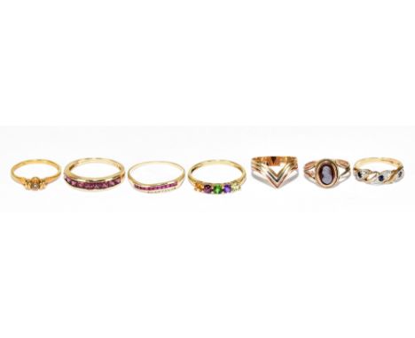 Six assorted 9ct yellow gold rings and a 14ct yellow gold dress ring, sizes U, W, Y, N and L, combined approx. 13.23g.&nbsp;