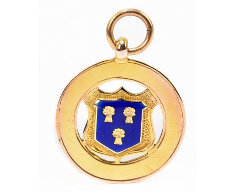 A 9ct yellow gold and blue enamelled fob medallion, with the Cheshire coat of arms to the front and the reverse inscribed 'Pt