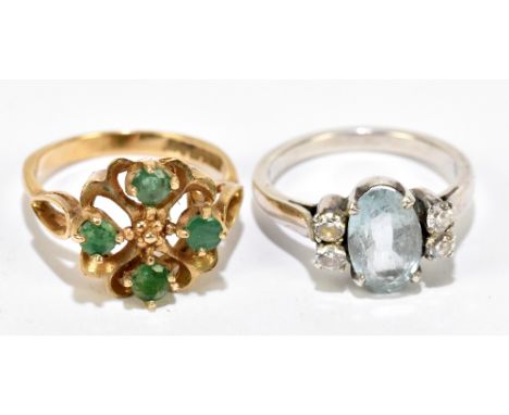 A 9ct yellow gold floral dress ring, size N, approx. 3.45g, and an Art Deco style white metal ring, size M, approx. 3.4g.Addi
