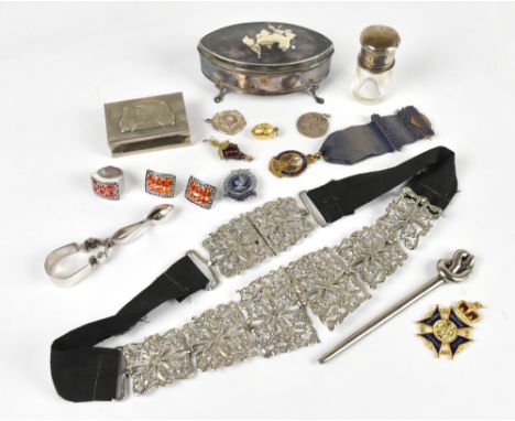 A mixed group of hallmarked silver items, including nurse's belt, scent bottle, trinket box, with a small quantity of costume