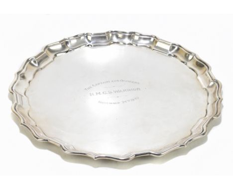 BIRKS; a sterling silver salver, the centre engraved 'The Captain and Officers H.M.C.S Warrior November 24th 1945', 33.5ozt/1