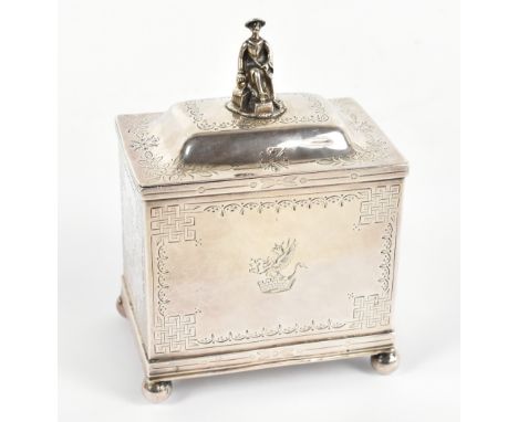 THOMAS SMILEY; an early to mid-Victorian hallmarked silver tea caddy of rectangular form, the hinged lid surmounted with a Ch