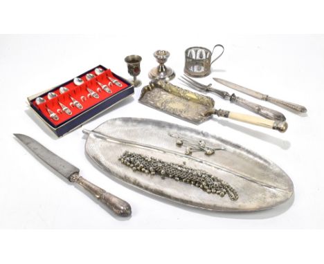 WI BROADWAY &amp; CO; an Elizabeth II hallmarked silver squat candlestick, Birmingham 1989, and a cased set of six white meta