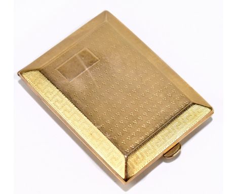 A 9ct yellow gold matchbook case with Greek key engine turned decoration and vacant rectangular cartouche, 6 x 4cm, approx. 3