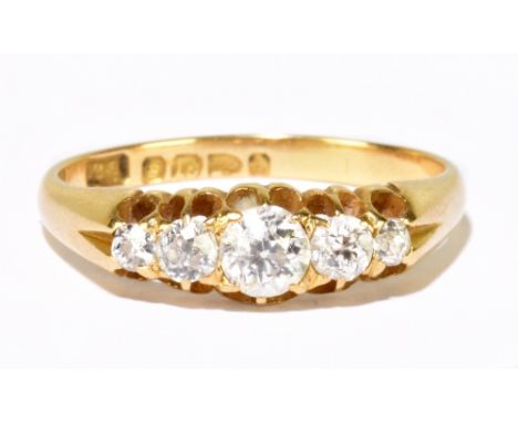 An 18ct yellow gold graduated five stone old cut diamond ring, hallmarked Chester 1894, size O, approx. 3.12g.&nbsp;Additiona