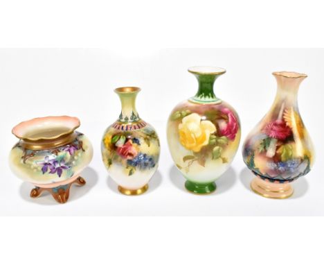 HADLEYS WORCESTER; four hand painted vases including a squat example of tapering form with quatroform neck, height 12.5cm, a 