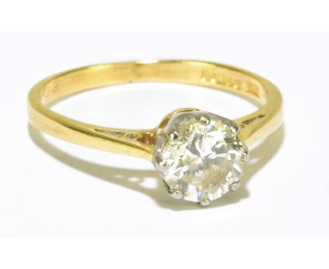 An 18ct yellow gold diamond solitaire ring, the eight claw set round brilliant cut diamond weighing approx 1.02ct, size M 1/2