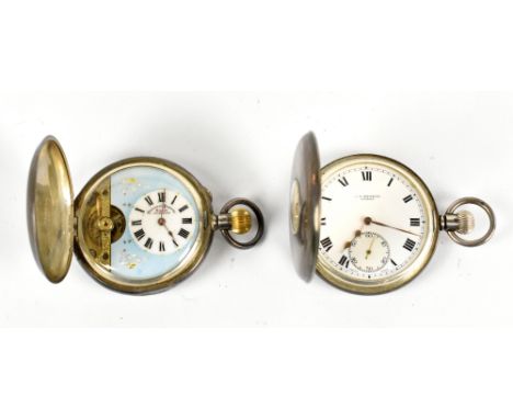 J.W BENSON; a hallmarked silver crown wind half hunter pocket watch, the enamel dial set with Roman numerals and subsidiary d