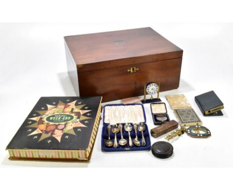 A Victorian mahogany rectangular box containing a quantity of collectors' items including cigarette lighters, a fountain pen,
