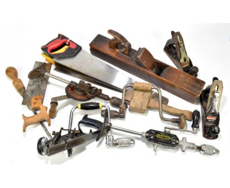 A collection of joiner tools to include drills and planes, one stamped 'Stanley'.