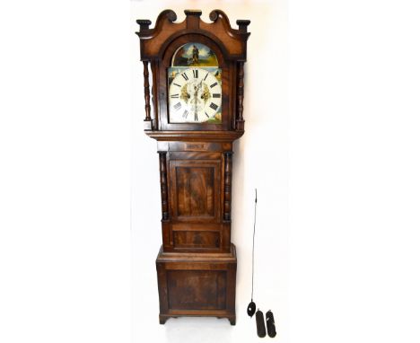 WM ROBERTS, LLANGEFNI; a large 19th century mahogany eight day longcase clock, the arch white painted enamel dial with date a