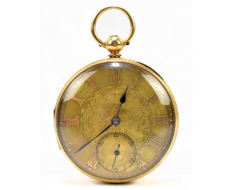 An 18ct yellow gold key wind open face pocket watch with floral engraved detail to the dial, subsidiary seconds dial and Roma