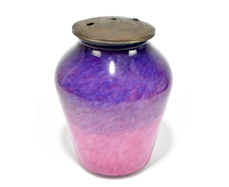 MONART; a pink and purple glass lamp base with metal cap to the rim and bearing traces of original label to base, height 26cm