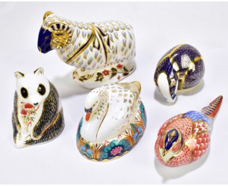 ROYAL CROWN DERBY; five animal form paperweights including Ram, Seated Panda Bear, Pheasant, etc (5).Additional InformationEa