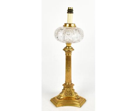 WALKER &amp; HALL; a gilt metal Corinthian column oil lamp with cut glass reservoir (converted to electricity), height 52cm.A