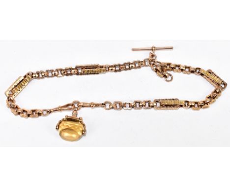 A 9ct yellow gold watch chain with swivel citrine fob, twin spring clasp ends and T-bar, total approx. 48g.Additional Informa