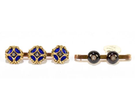 A yellow metal and 9ct rose gold enamel detailed bar brooch formed of three shirt studs now applied to a bar, also a yellow m