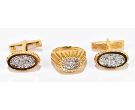 A pair of 18ct yellow gold and pavé set diamond cufflinks with matching 18ct gold and pavé set diamond ring, size J 1/2, comb