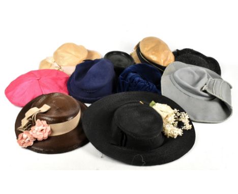 ROZIER FRANCE; a late 19th century black wide brim straw hat with silk flowers, four Victorian straw garden hats, a 1920s str