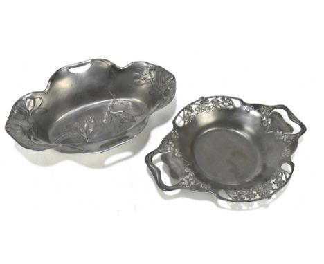 A Liberty Tudric Art Nouveau pewter tray, 0287, length 28cm, and an Osiris pewter dish (2)Additional InformationBoth with gen