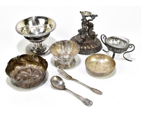 A 19th century Continental white metal dish stand modelled with three dolphins, height 12cm, with a Continental white metal p