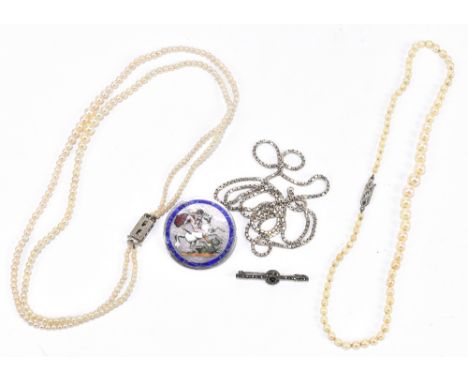 A cultured pearl two strand necklace with white metal clasp,together with a further pearl necklace, a sterling silver necklac