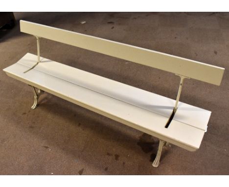 JOHN HEYWOOD LTD, MANCHESTER; a white painted cast iron adjustable railway bench with wooden back and seats, length 188cm.