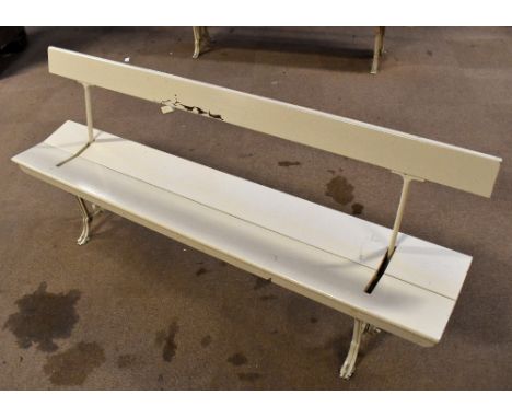 JOHN HEYWOOD LTD, MANCHESTER; a white painted cast iron adjustable railway bench with wooden back and seats, length 198cm.