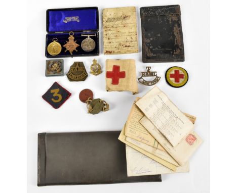 A WWI trio, awarded to 349 PTE. M. GANDY. R.A.M.C, together with cap badges and various ephemera.