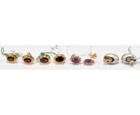 Four pairs of gem set yellow and white metal ear studs (one ruby and diamond example broken), one 18ct white gold and diamond
