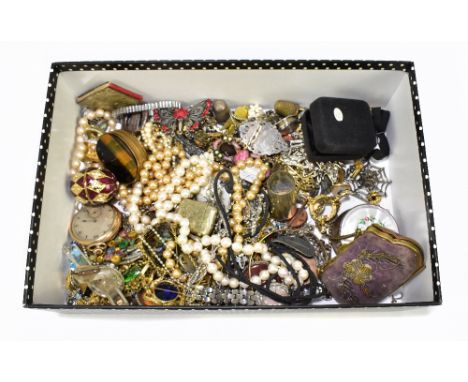 A quantity of costume jewellery including various beads, also fashion watches, enamel decorated trinket box, brass tiger's ey