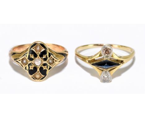 A Victorian yellow metal mourning ring with black enamel detail and set with seed pearls, size L, approx. 3.61g, and a 14ct y