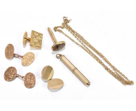 A pair of 9ct yellow gold cufflinks with chased scroll decoration, three single 9ct gold cufflinks including an example set w