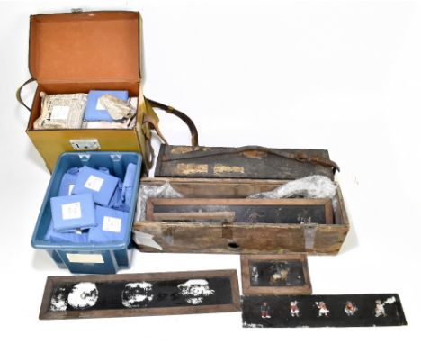 A collection of late 19th century and later magic lantern slides, including boats, Edwardian times, Hansel and Gretel, tiger 