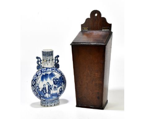 A late George III candle box, height 41cm, with a Chinese Kangxi style blue and white moon flask, 25cm (2)Additional Informat