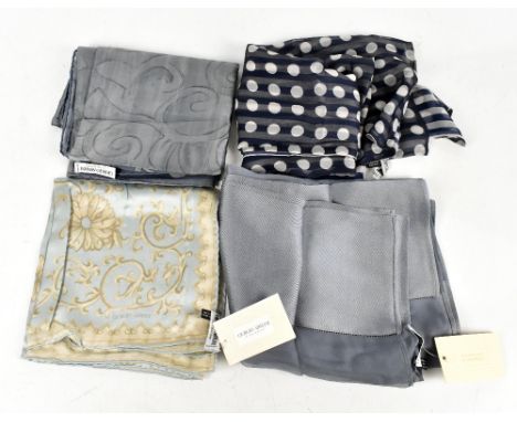 GIORGIO ARMANI; a 100% silk unused light blue and gold silk square with maker's logo to front, in original packaging, 90 x 90