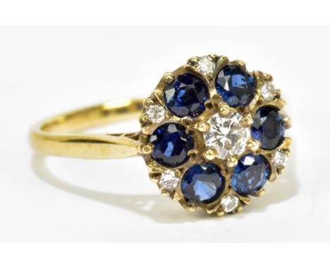 A 9ct yellow gold diamond and synthetic sapphire dress ring, size P, approx. 3.1g.