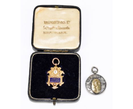 ZINGARI FOOTBALL ALLIANCE; a 1920s 9ct gold and enamel football medal engraved 'Winners Division 2 1925-6 Orrell FC. H.Jones 