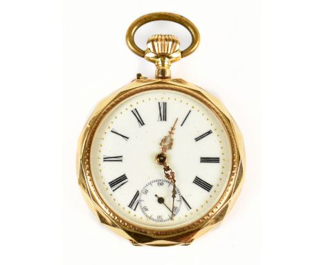 EQUESTRIAN INTEREST; an American 14ct gold crown wind open faced pocket watch, the enamel dial with jewelled detail and Roman
