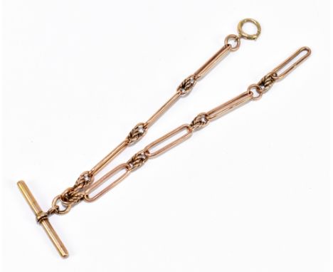 A 9ct rose gold trombone link double Albert watch chain, with central T-bar and bolt ring end, length 26cm, approx. 19.46g.&n