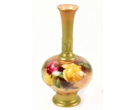 ROYAL WORCESTER; a hand painted vase of squat form with elongated neck decorated with roses, green painted to the underside, 