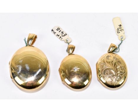Three 9ct yellow gold oval lockets, the largest 5cm including bail, combined approx. 37.7g.Additional InformationFree from an