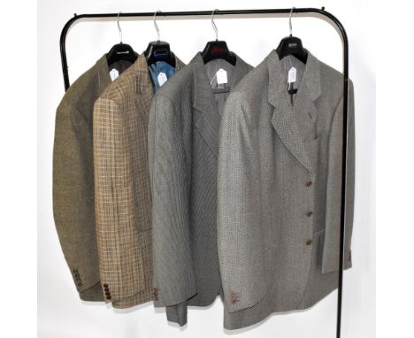 GIORGIO ARMANI; a gentleman's black and tan cotton mixed tweed single breasted blazer with front buttons and fully lined, siz