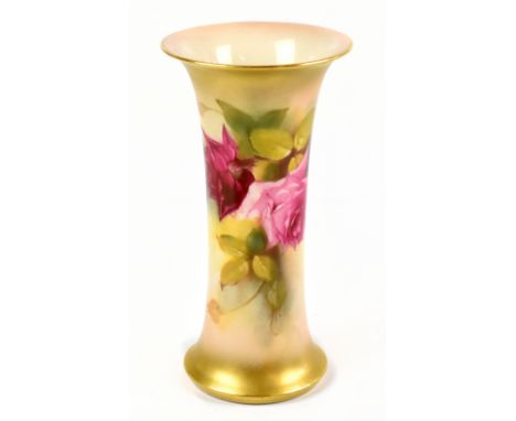 KITTY BLAKE FOR ROYAL WORCESTER; a trumpet vase painted with roses, puce factory mark to the underside, height 19cm.Additiona